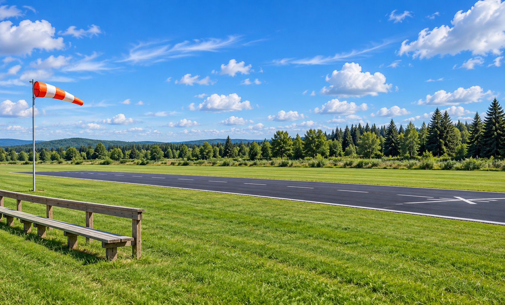 Illustrated RC flying field runway with windsock and spectator bench