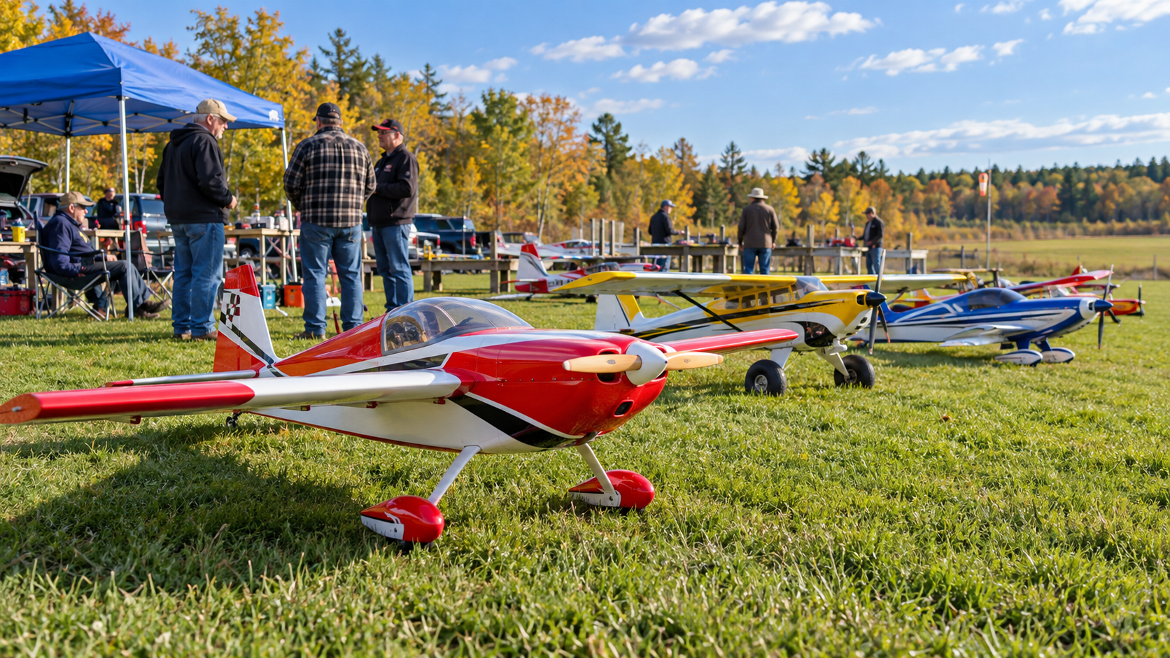 RC aircraft lined up on a grass field during a fall fun fly
