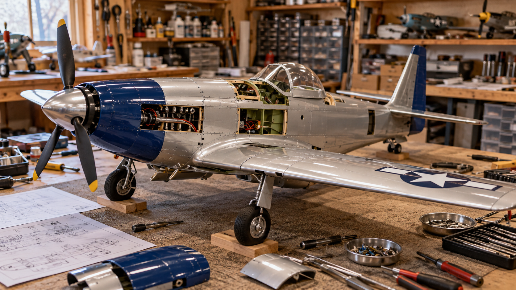 Detailed RC model aircraft on a workshop bench
